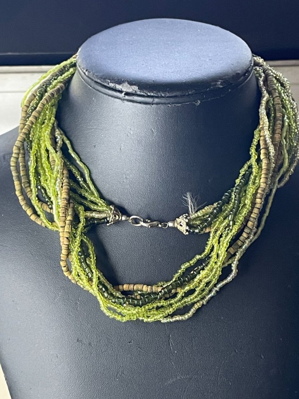 Vintage 36" Multi Strand Seed Bead Necklace Long Green Wood Heishi Boho AB